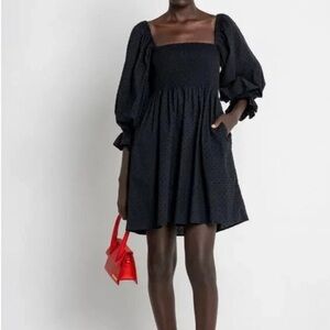 Kourt Portia Mini Dress Black Cotton Swiss Dot Smock Bodice Size Medium EUC